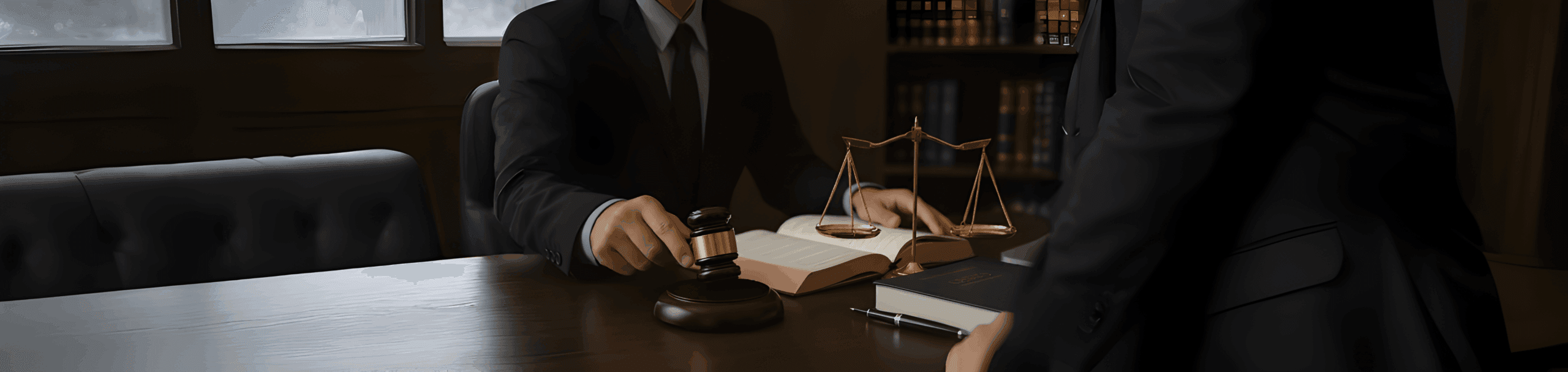 A lawyer or judge holding a gavel over an open law book with scales of justice in the background, symbolizing legal advice and risk management for businesses.