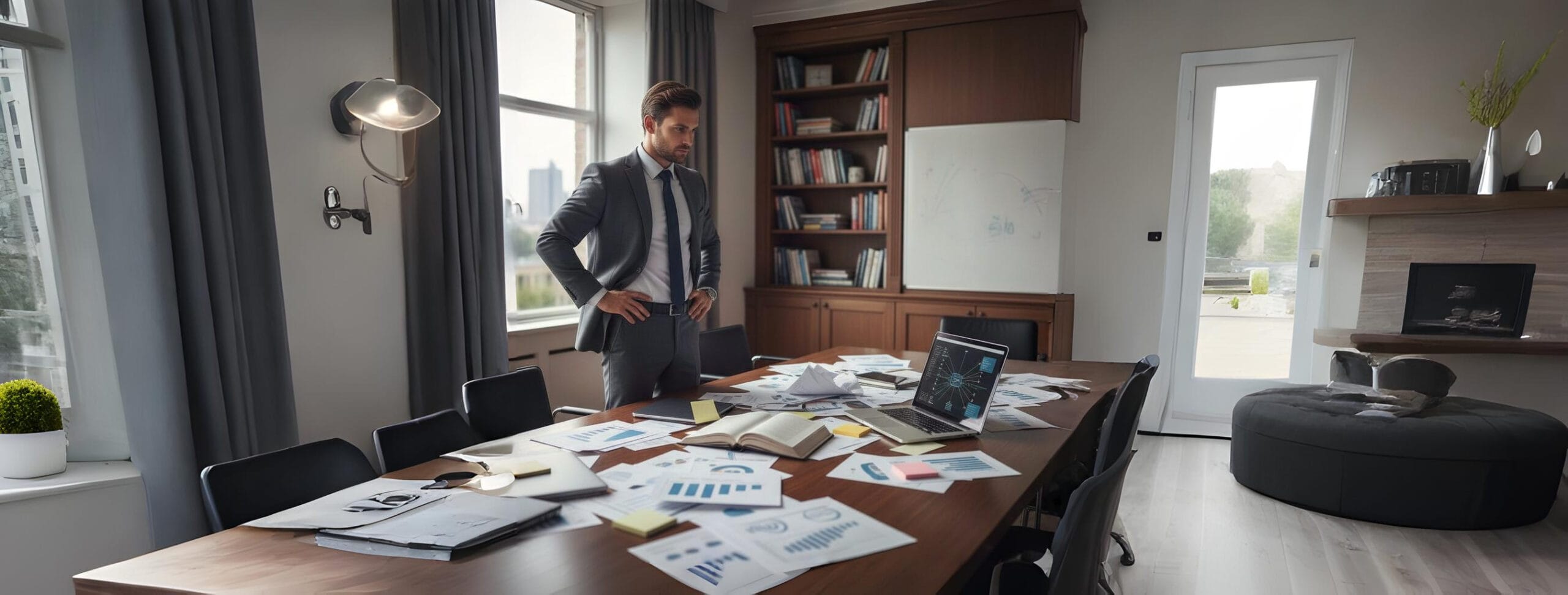 A determined male entrepreneur stands contemplating a large conference table strewn with business documents, charts, and a laptop, embodying the process of confronting challenges and overcoming fear in strategic planning.