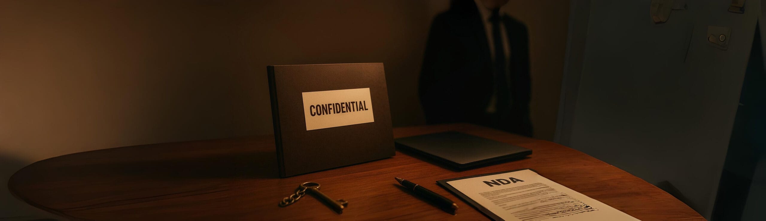 A confidential folder, key, pen, and NDA document on a wooden desk under warm lighting, symbolizing the protection of a company’s trade secrets and sensitive business information.