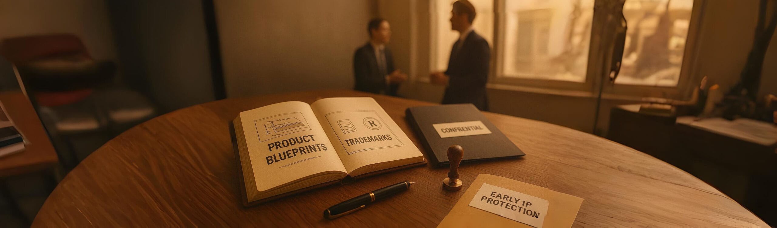 A businessman in a professional office reviews documents related to early-stage intellectual property protection, symbolizing the importance of securing company innovations from the start.