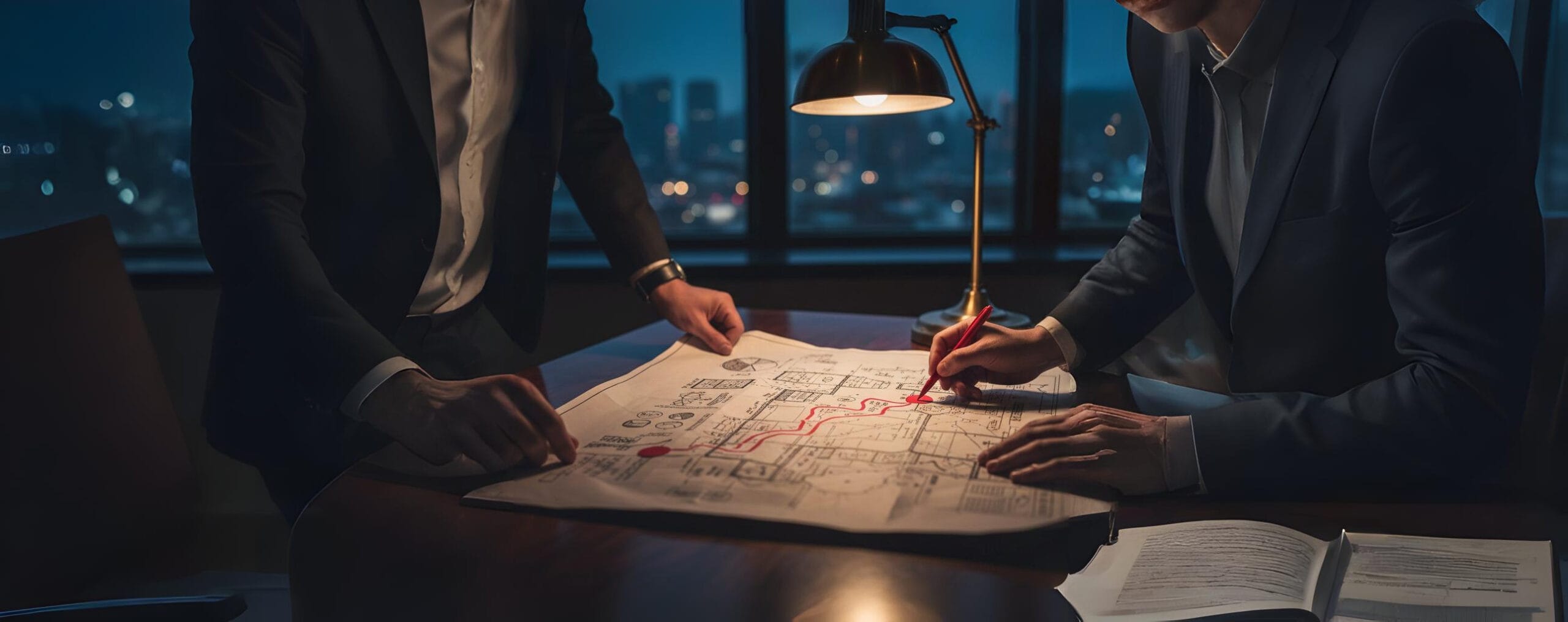 Entrepreneur and an attorney collaboratively reviewing a complex business roadmap or strategy, emphasizing the importance of early legal guidance in understanding and preparing for entrepreneurial challenges.