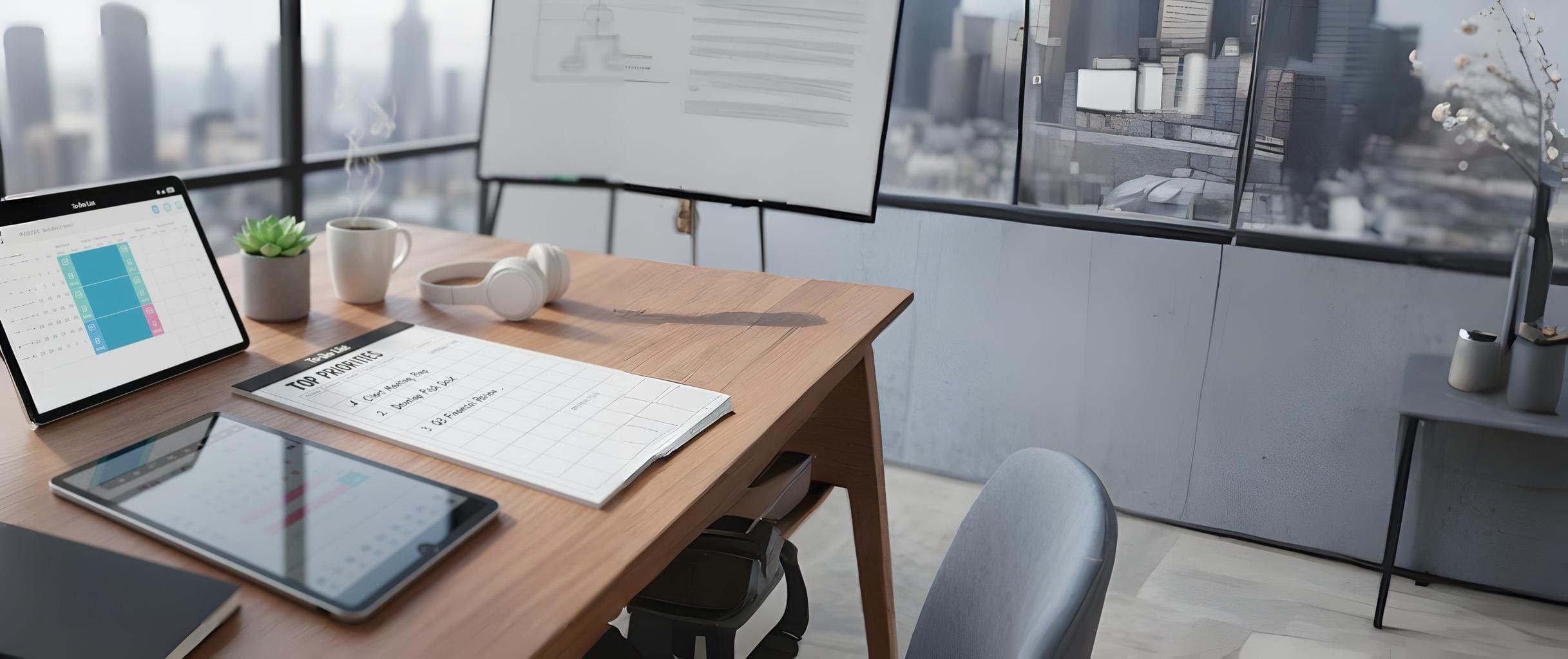 Organized professional desk showing a to-do list with prioritized tasks and a schedule, symbolizing effective time management and organization for entrepreneurial productivity and business success.