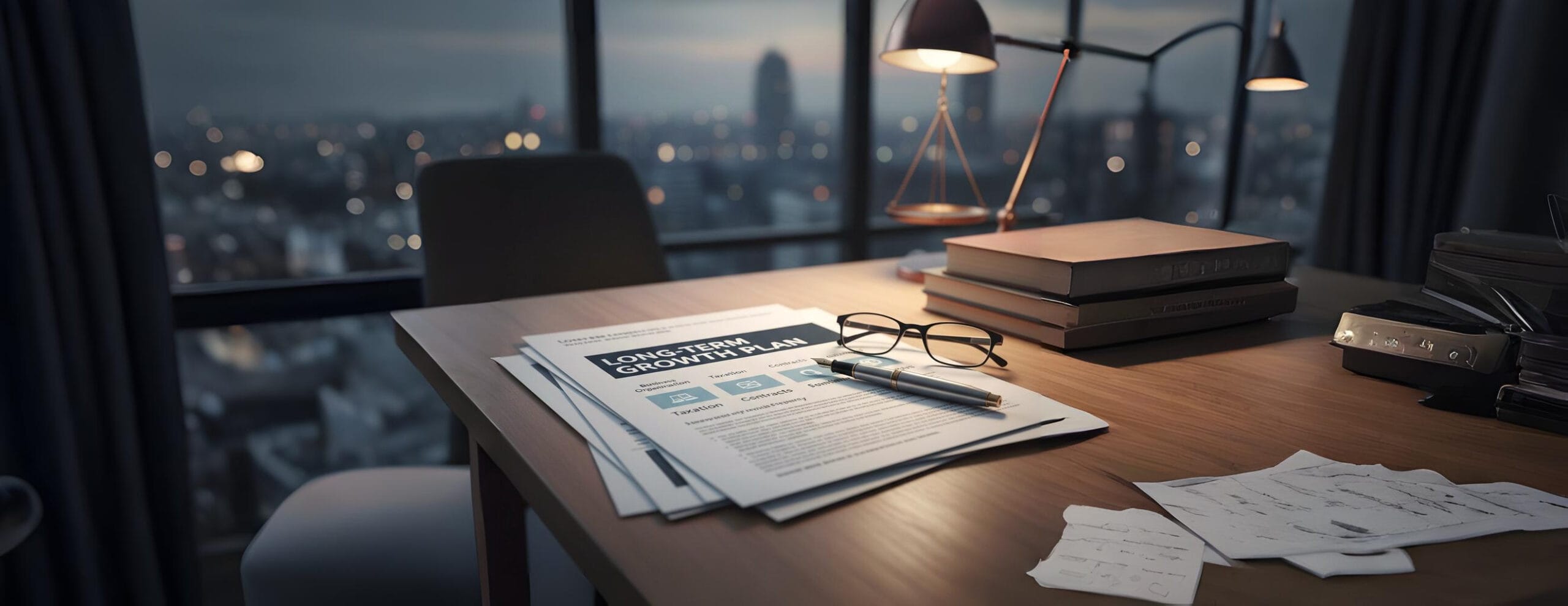 Stacked business documents on a desk with the top one clearly labeled 'Long-term Growth Plan,' symbolizing a comprehensive strategic roadmap and legal preparation for sustainable business growth.