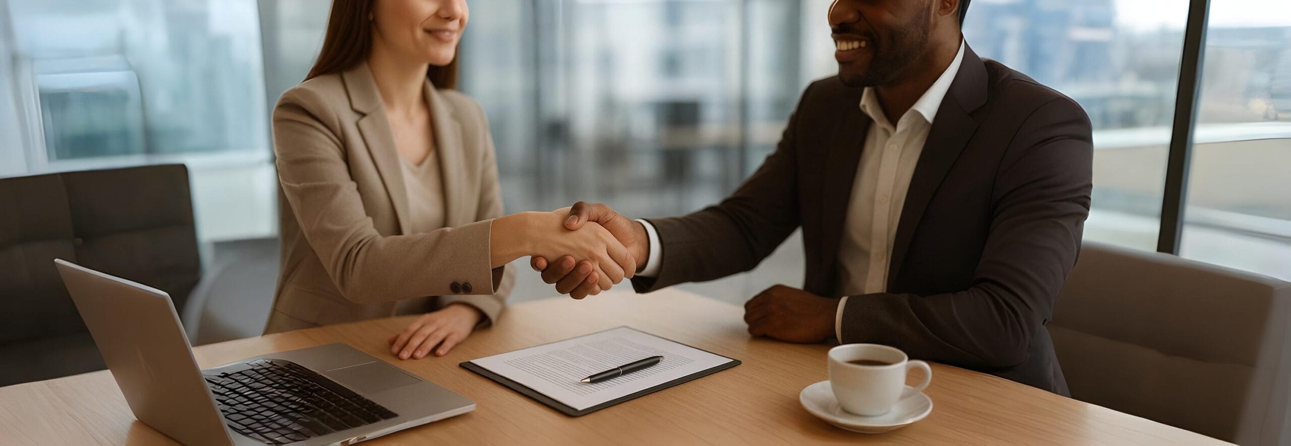 Two business professionals shaking hands in a modern office, symbolizing trust, collaboration, and strong business partnerships.