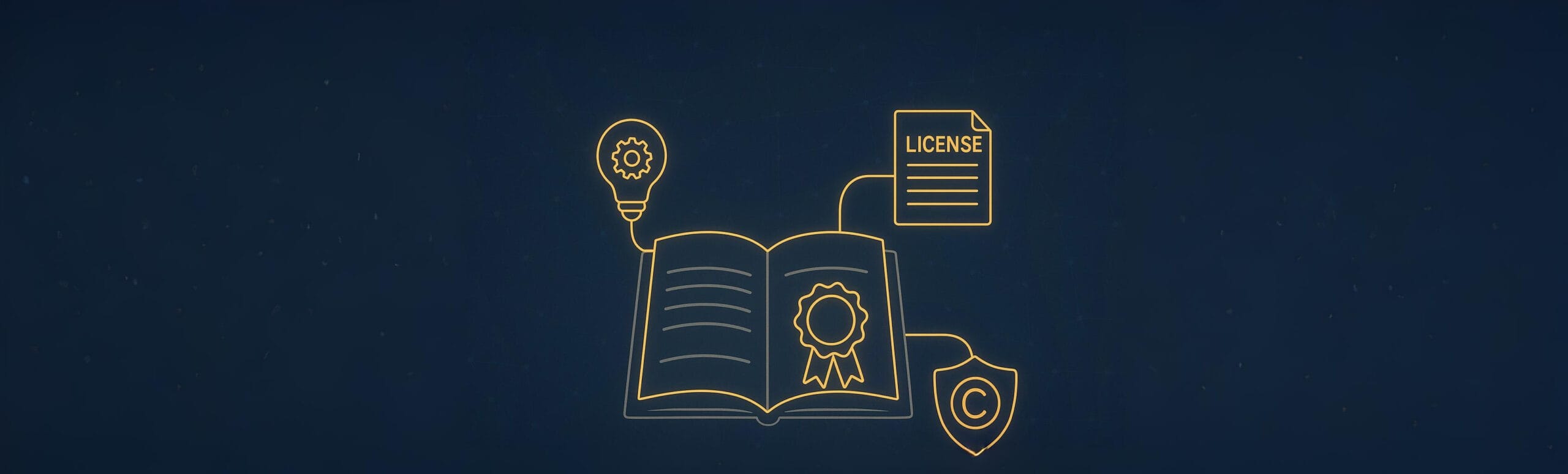 Digital illustration showing an open book, light bulb, license document, and copyright shield centered on a dark blue background, symbolizing the process of preparing to license intellectual property.