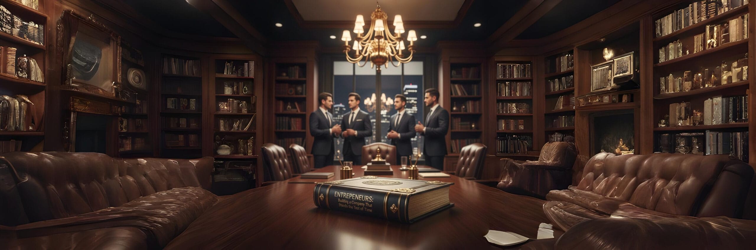 Four businessmen meeting in a luxurious, wood-paneled office with leather furniture and the book "Entrepreneurs" on the table.