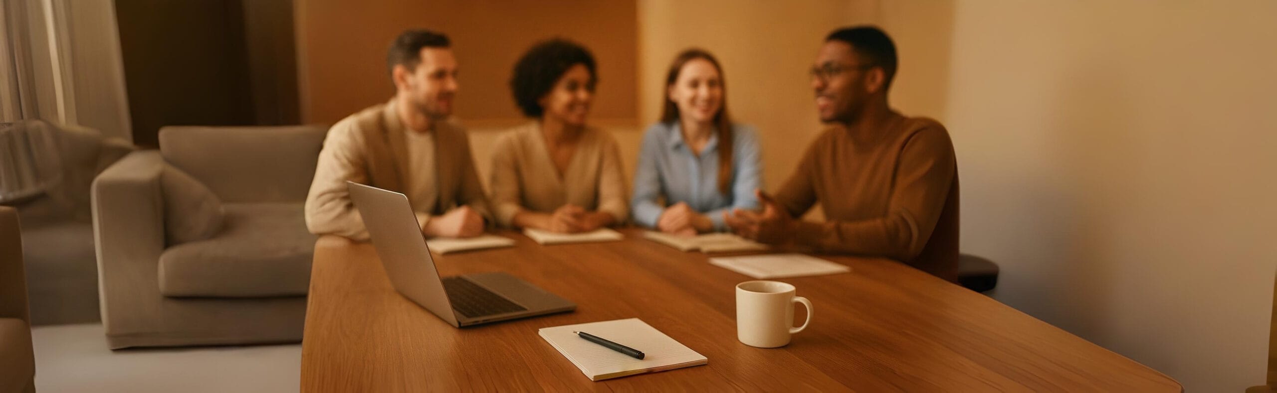 Close-up of a wooden meeting table with laptop, notebook, and coffee cup in focus, symbolizing teamwork and collaboration in a startup environment.