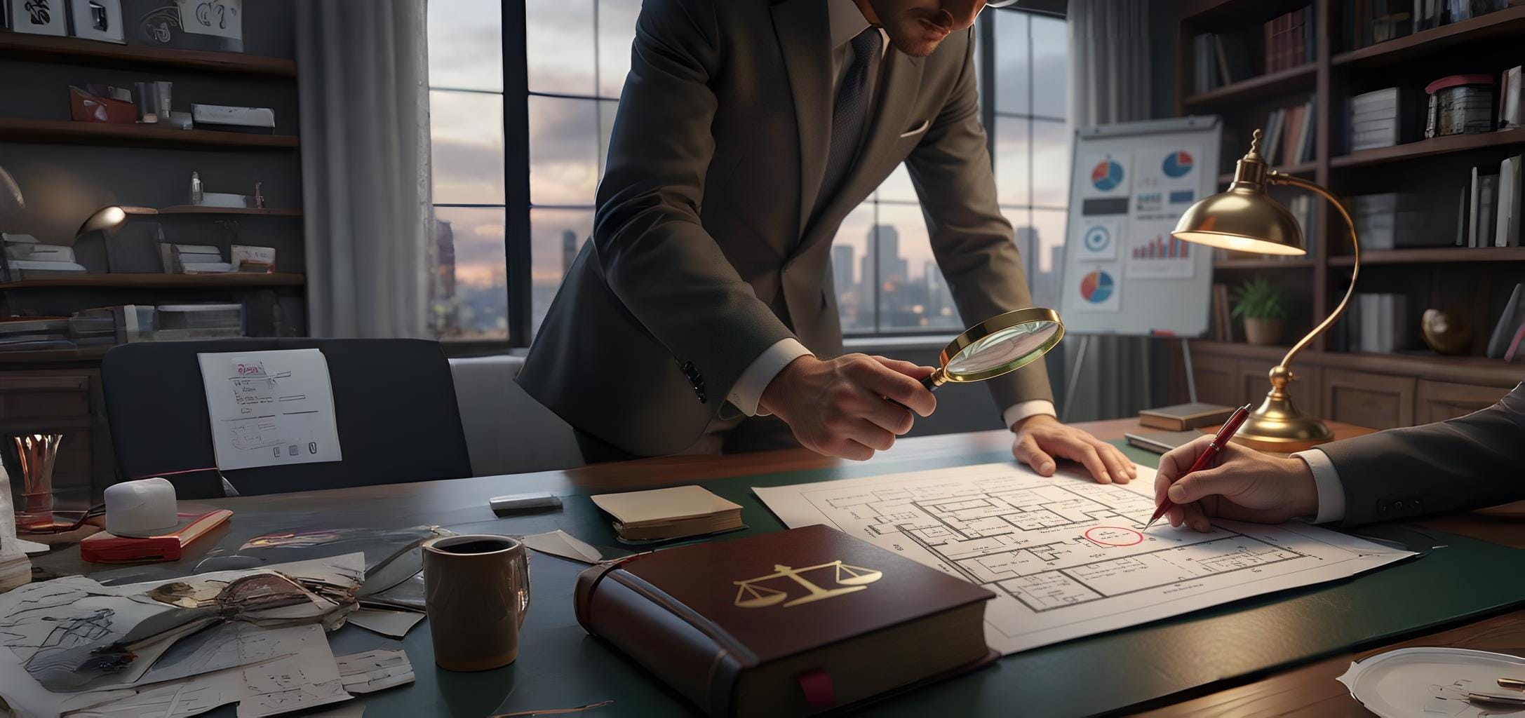 Entrepreneur using a magnifying glass to analyze a business plan on a desk, searching for the root cause of an issue, symbolizing strategic learning from failure and the importance of professional legal assessment.
