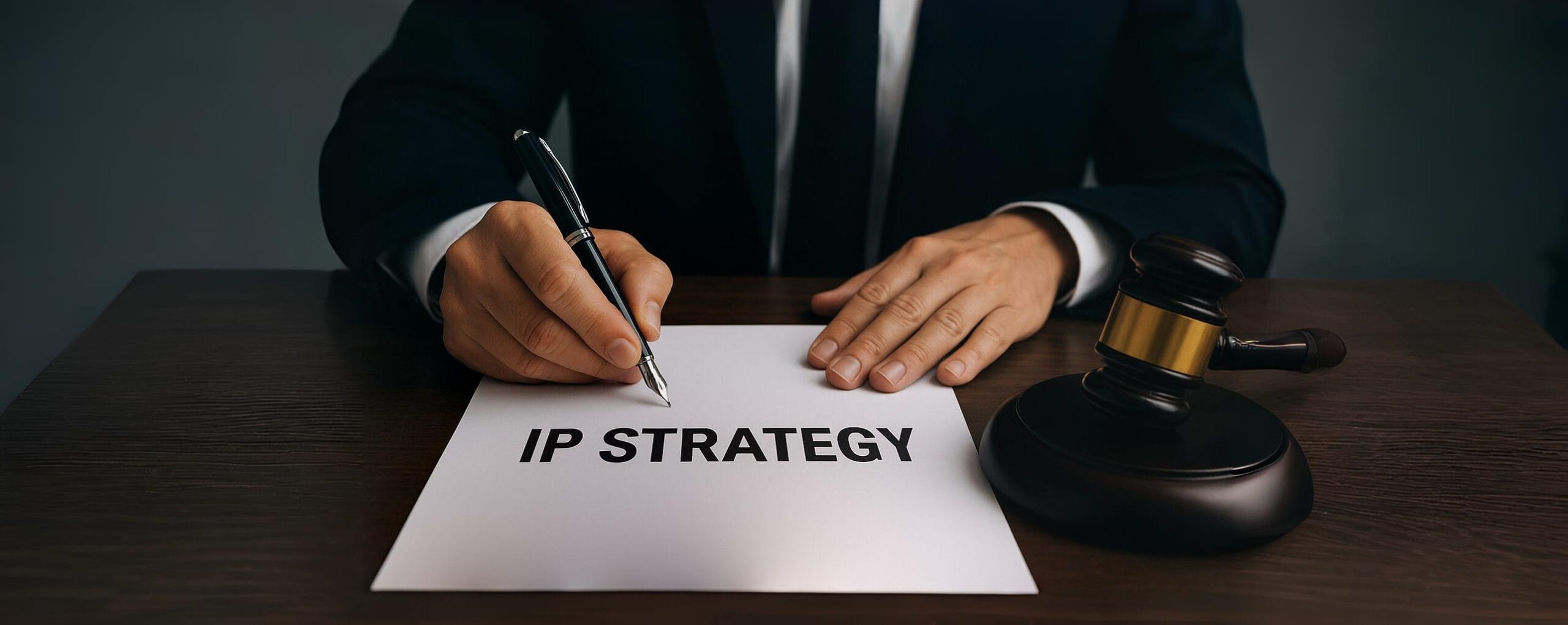 Lawyer signing IP strategy document at a law firm desk, symbolizing legal guidance for startups