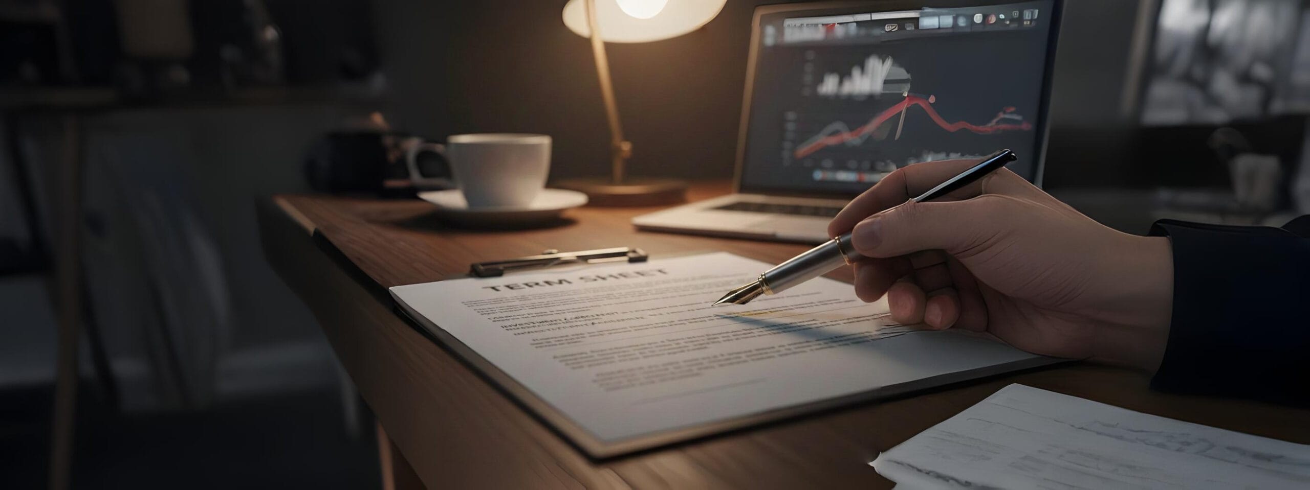 Close-up image of a hand using a fountain pen to review a legal document (Term Sheet) on a desk, with a laptop displaying financial charts in the background. The visual represents the critical moment of negotiating investment terms, due diligence, and legal readiness for technology startup funding.