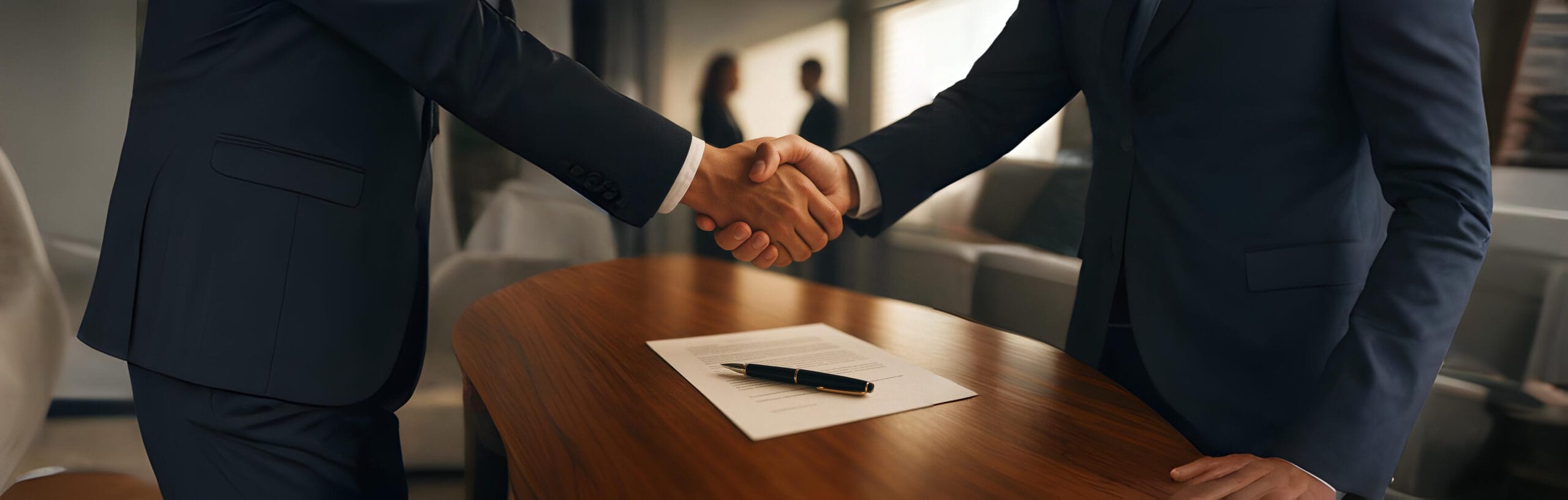 Close-up of a professional handshake over a contract and pen, symbolizing successful business negotiation and agreement.