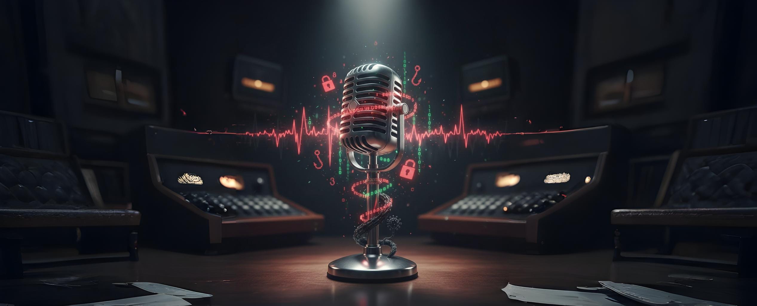 A classic radio broadcasting microphone entangled with digital threat elements like red binary code and abstract phishing icons, symbolizing cybercrime and security issues discussed during a radio interview, particularly during the pandemic.