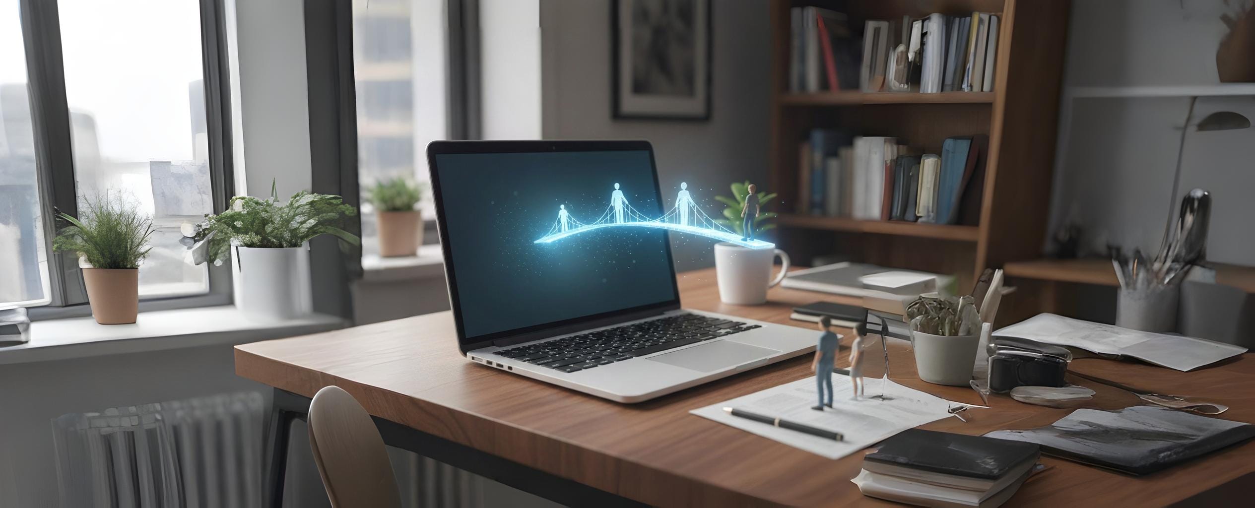 A laptop on a desk displaying a glowing digital bridge connecting stylized human figures, symbolizing the power of virtual learning and worship to bridge distances and connect communities in the post-pandemic era.
