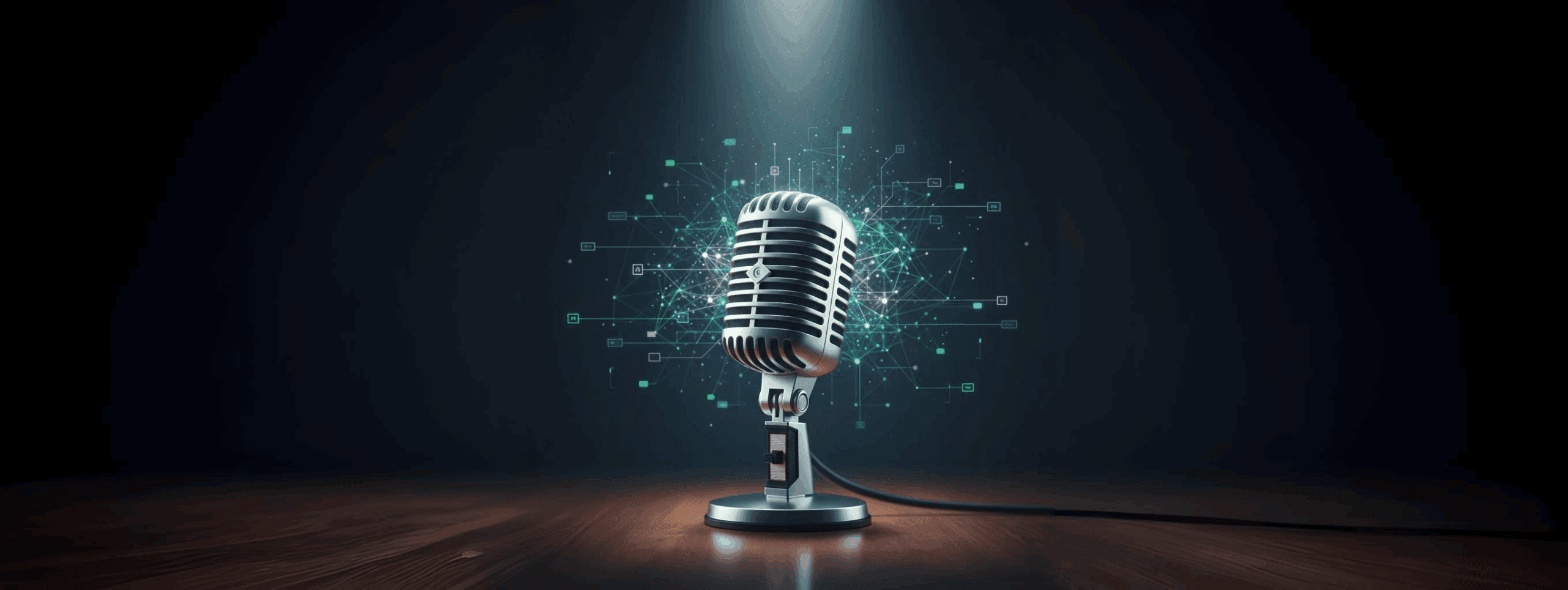 Close-up of a professional interview microphone with a futuristic, glowing neural network or data flow visualization subtly visible in the background, symbolizing an interview about Artificial Intelligence and the future of jobs.