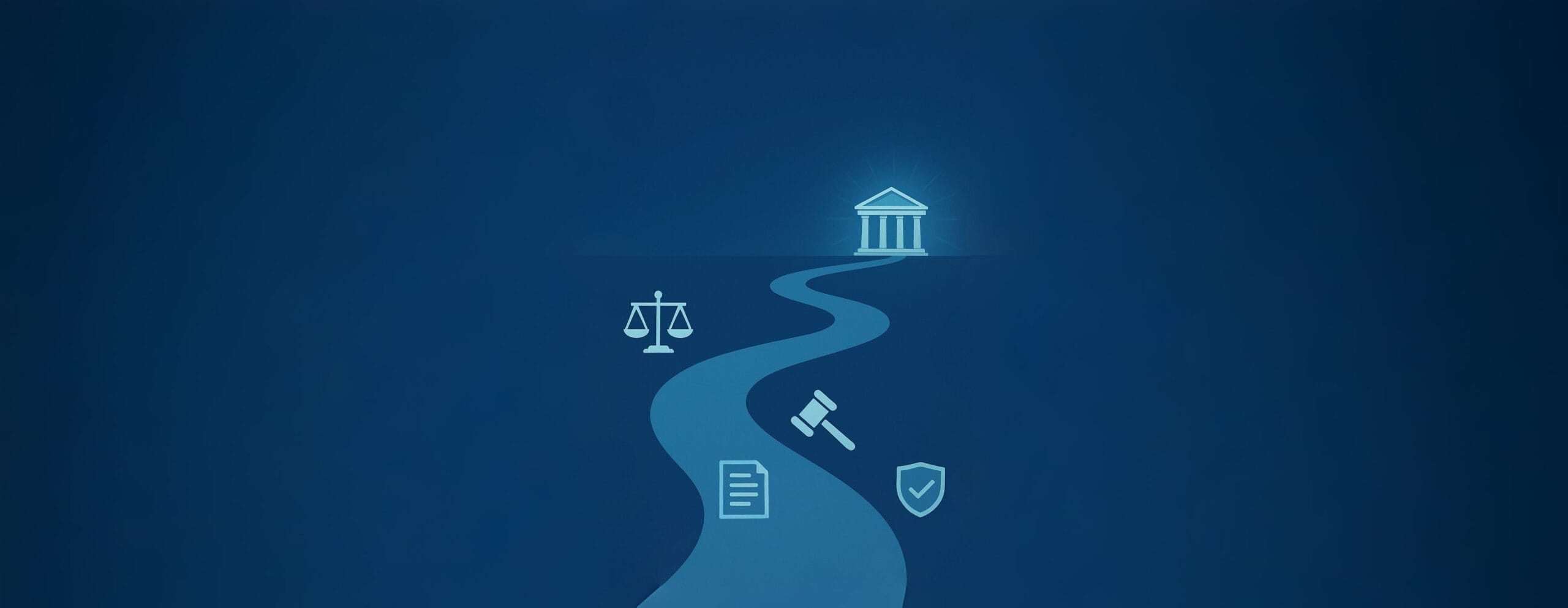 Illustration of a winding legal pathway with icons of scales, gavel, document, and shield leading toward a glowing government-style building, symbolizing the FDA approval process.