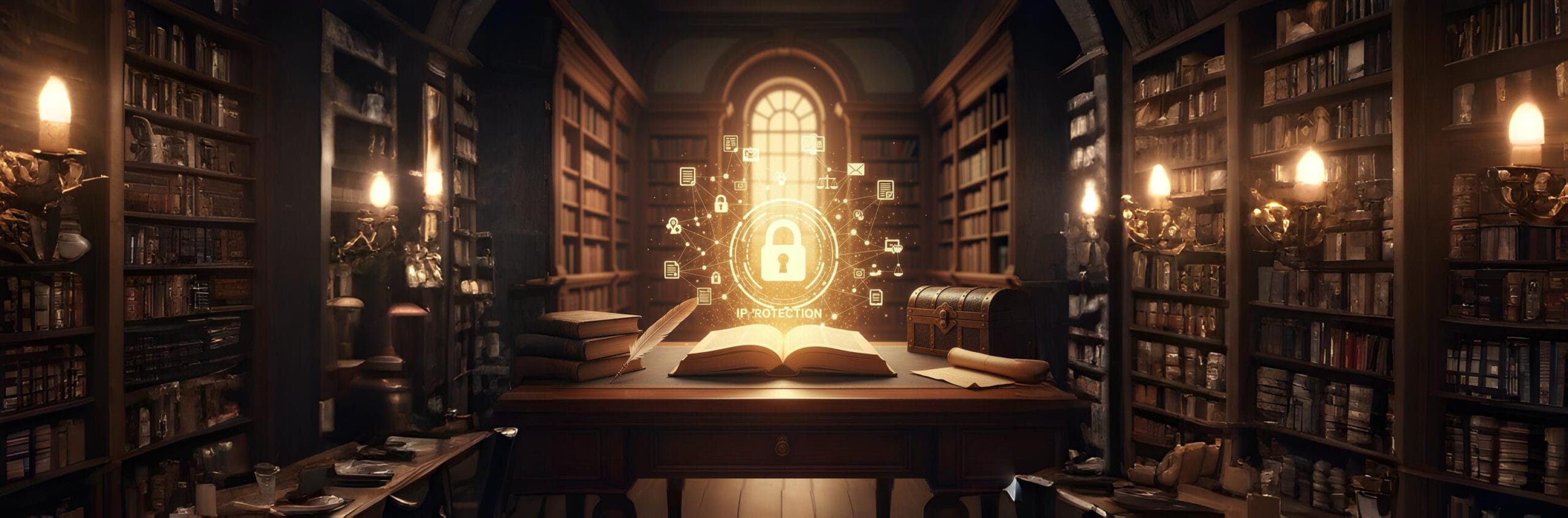 Cybersecurity and intellectual property protection concept in an old library, glowing digital lock symbolizing data security and trade secret protection.