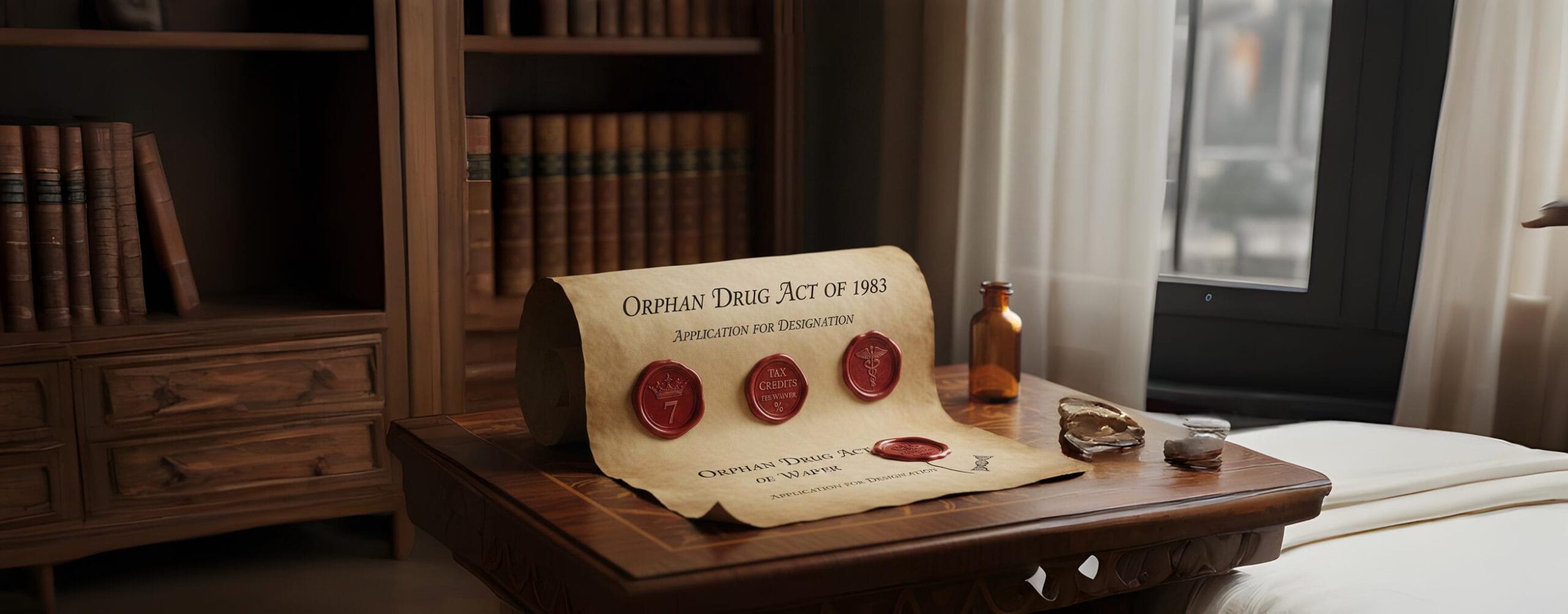 A classic setting showing a parchment document on a wooden desk, sealed with three wax seals: one with the number '7' (market exclusivity), one with a dollar sign (tax credits), and one with a medical symbol, representing the benefits and formal designation process of the Orphan Drug Act.