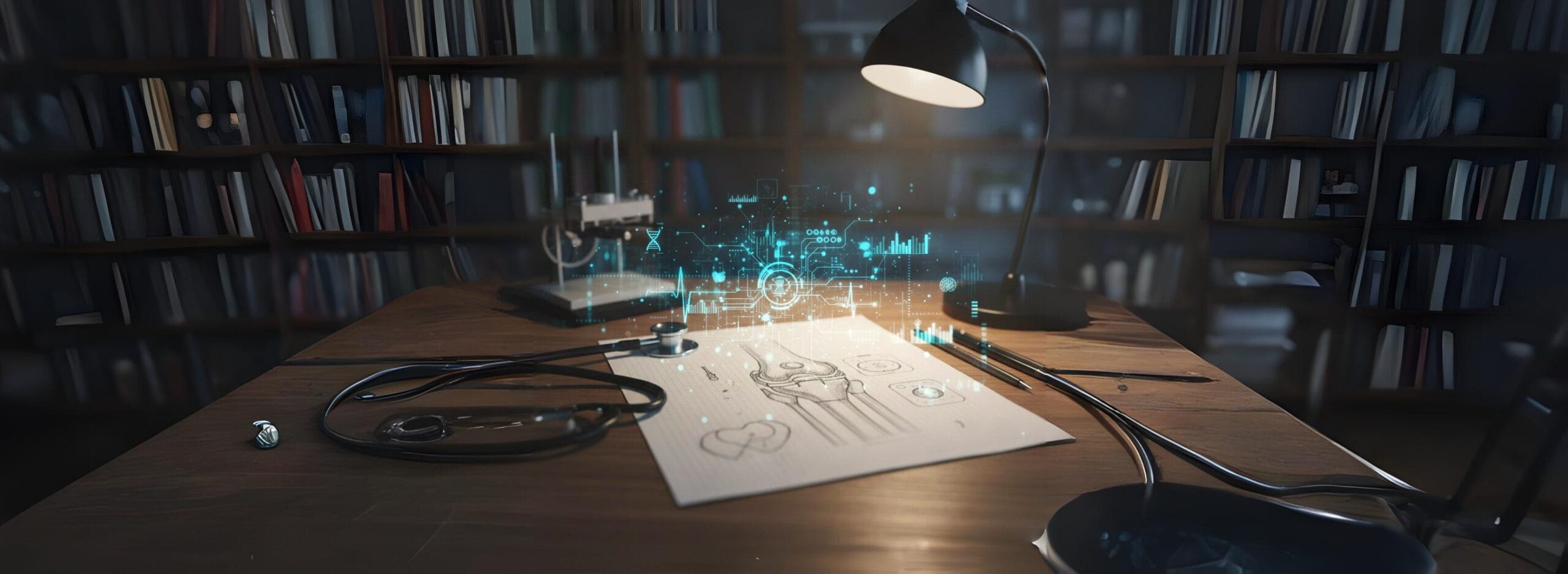 A desk showcasing a hybrid of design: a hand-drawn engineering sketch of a medical device overlaid with a glowing digital network or algorithm, alongside a stethoscope, representing the intersection of biomedical engineering, artificial intelligence, and bioethics in modern innovation.