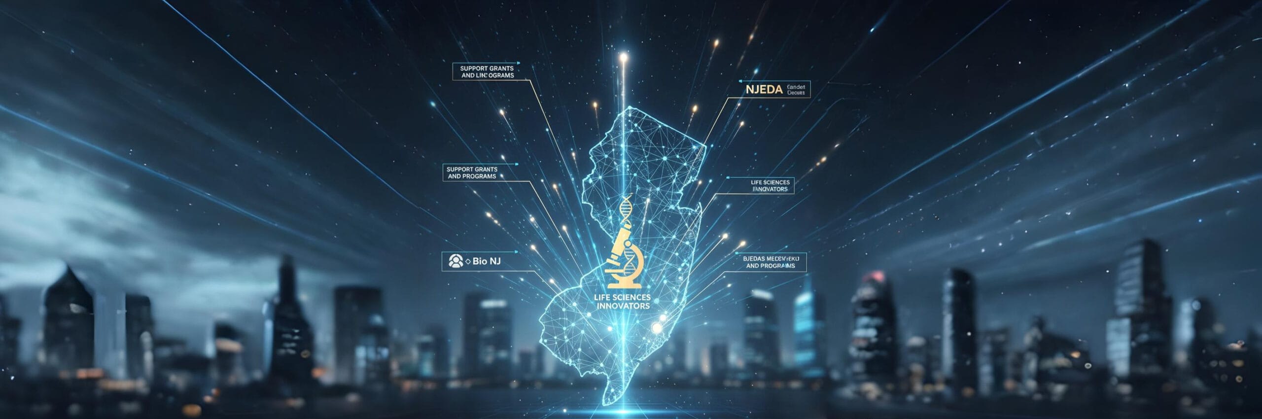 A glowing, interconnected digital map of New Jersey, featuring a prominent microscope and DNA helix icon, surrounded by light rays and nodes that symbolize state support, grants, and programs for life sciences innovators and the biotech ecosystem in the region.