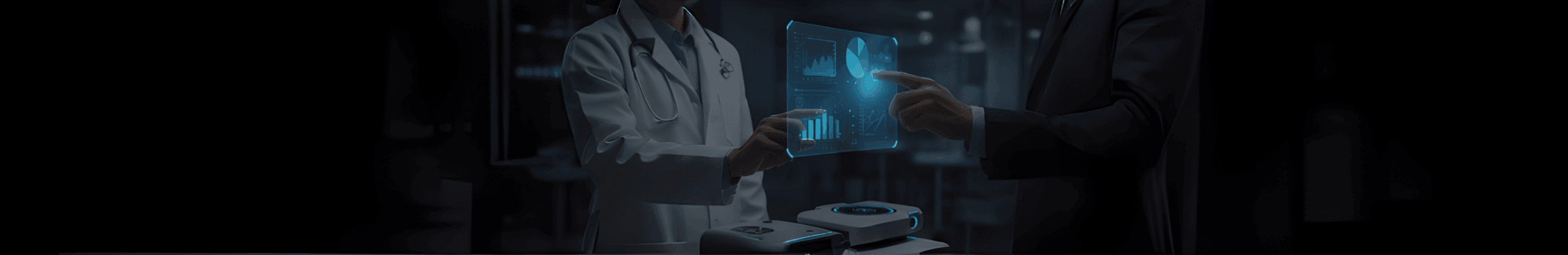 Doctor and professional collaborating, analyzing medical data and graphs on a futuristic transparent digital screen, symbolizing health technology and innovation.