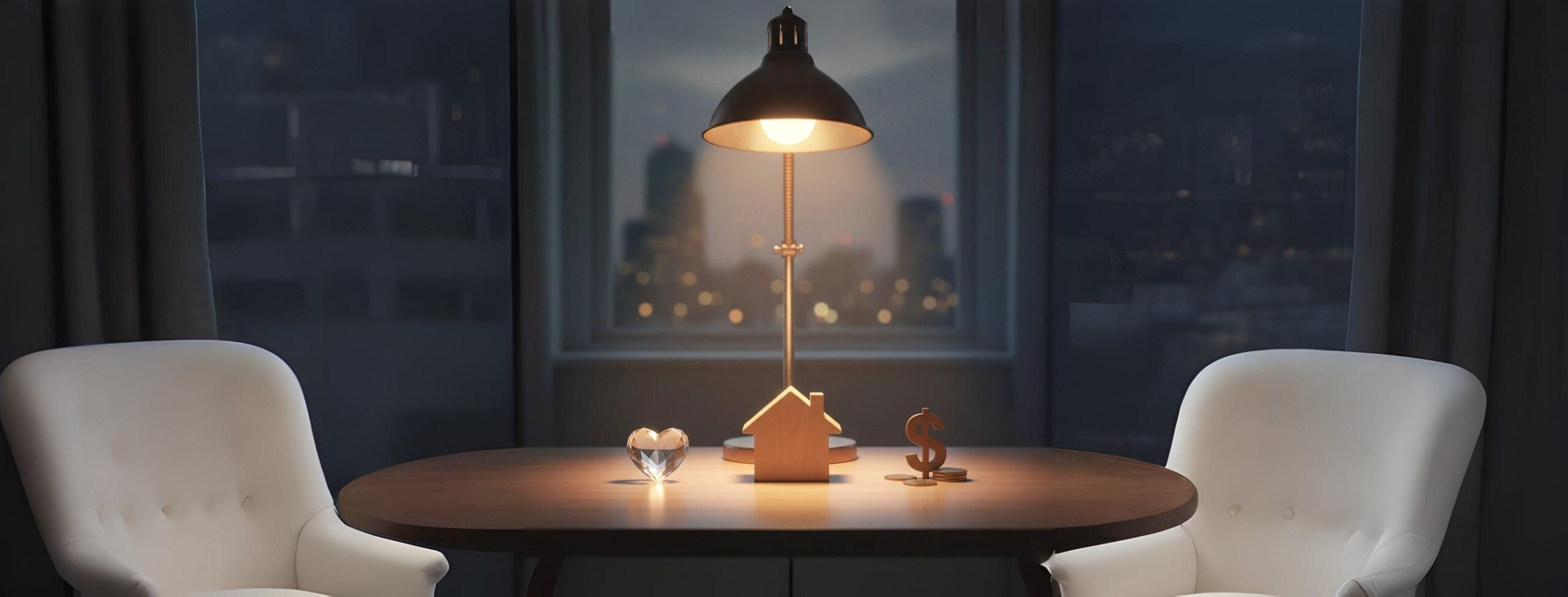 A still life image on a desk featuring three symbolic objects—a heart, a miniature house, and a dollar sign—illuminated by warm light, representing the comprehensive emotional, housing, and financial support provided to cancer patients and their families.