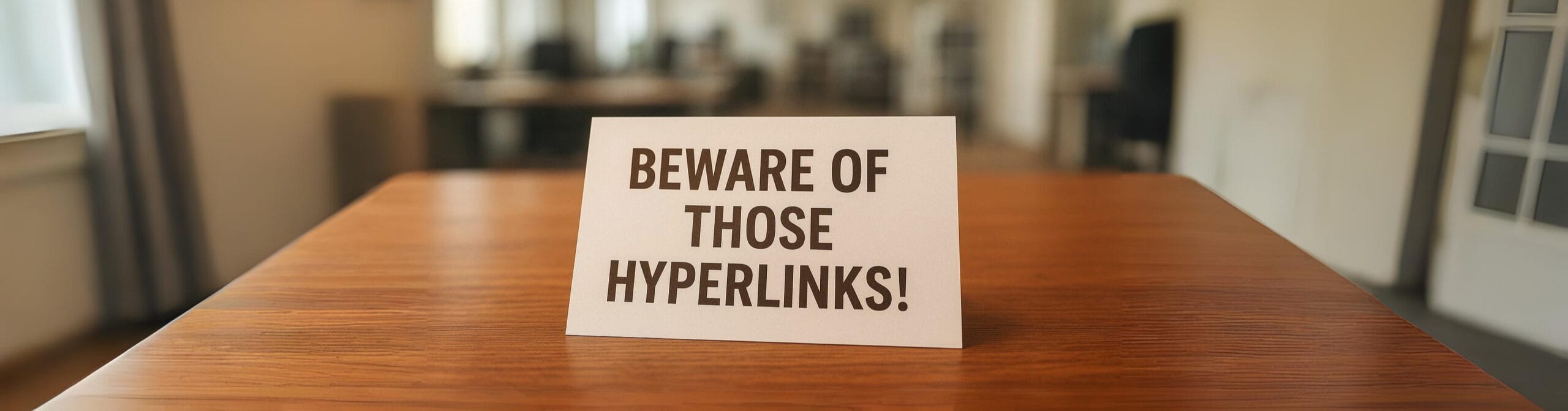 Wooden desk with a printed note reading “Beware of those hyperlinks” and a blurred office background.