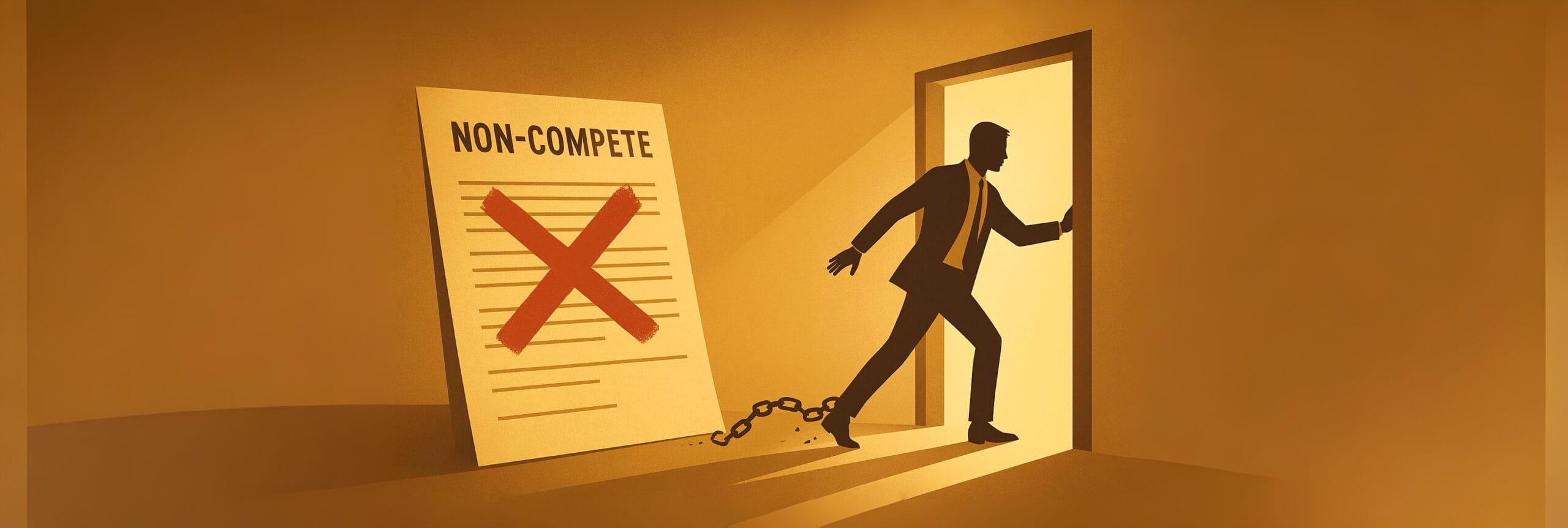Illustration of breaking free from a non-compete agreement, symbolizing employee rights and legal freedom.