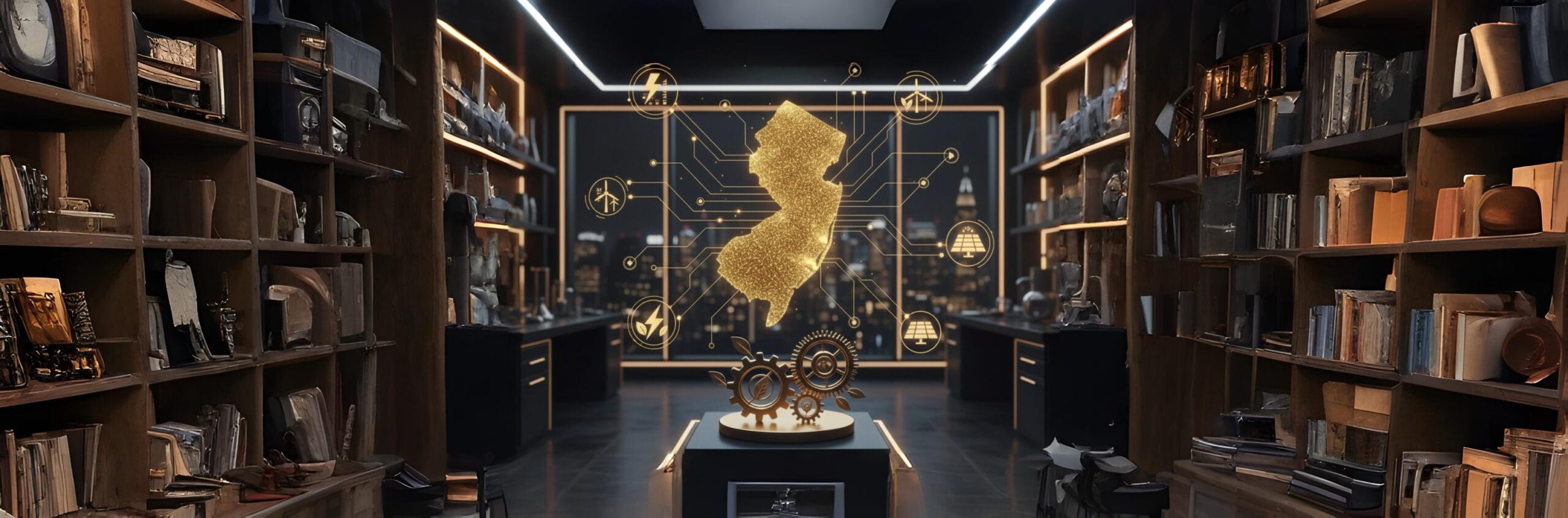 New Jersey innovation and clean tech research concept with digital energy network in modern library.