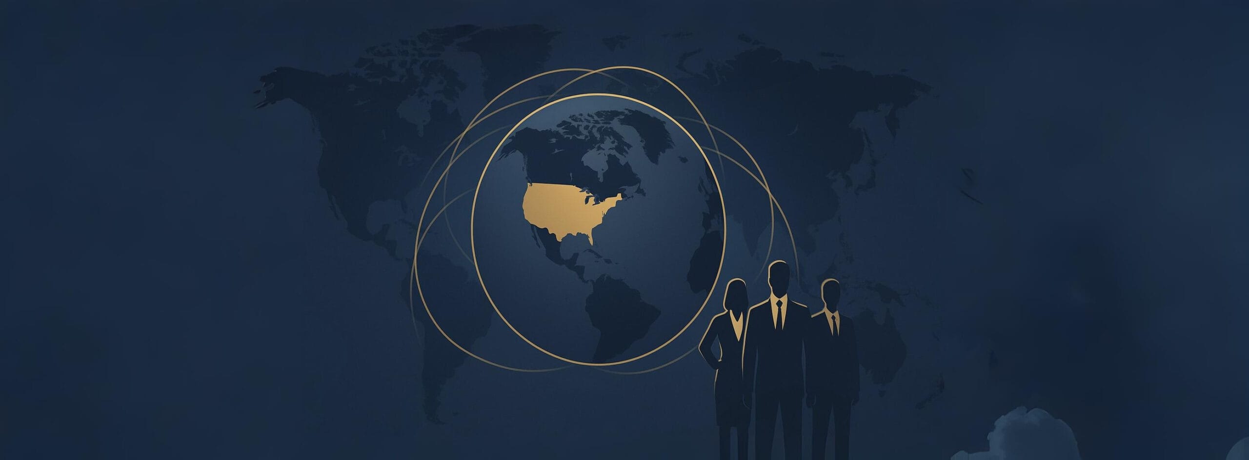 Dark blue world map with the United States highlighted in gold and golden connection lines symbolizing global & USA business expansion.