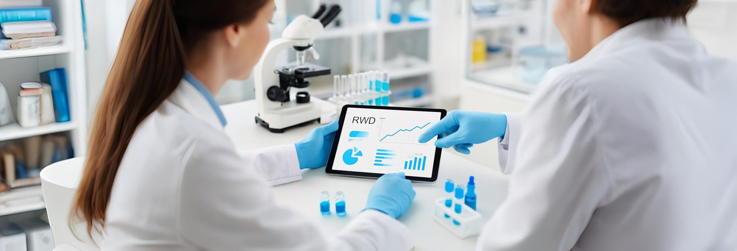 Two scientists analyzing real-world data in a modern biotech lab, illustrating the role of RWE in drug development.
