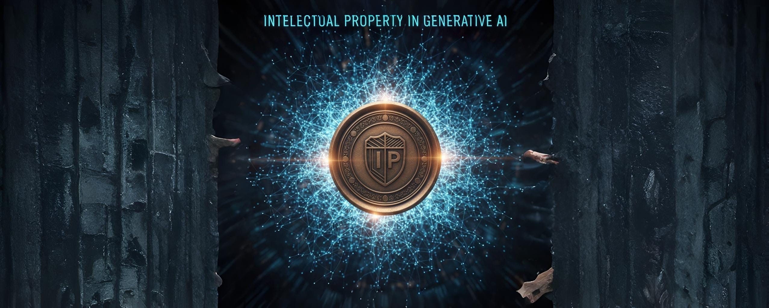 A classic patent seal or medallion embedded within a glowing, abstract neural network, symbolizing the critical intersection and integration of Intellectual Property and Generative Artificial Intelligence in business and regulation.