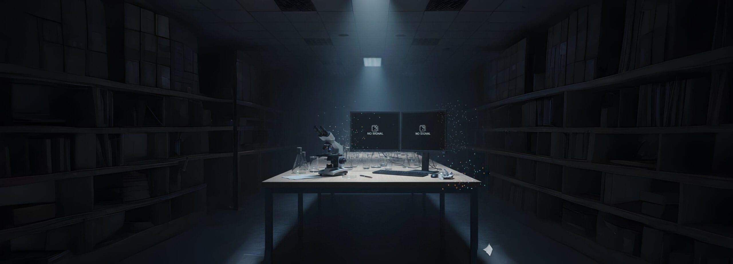 A deserted laboratory workbench under dim light, featuring unused equipment like a microscope and empty beakers, with digital particles dissipating in the air, symbolizing the severe reduction in R&D investment and loss of innovation due to restrictive proposed federal legislation.