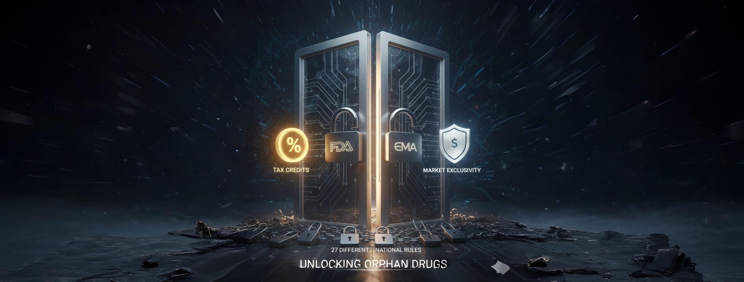 Stylized medical doors secured by two prominent padlocks, labeled 'FDA' and 'EMA,' with 'Tax Credits' and 'Market Exclusivity' symbols acting as keys, surrounded by smaller padlocks representing '27 Different National Rules.' This image symbolizes the regulatory complexities and incentives in unlocking access to orphan drugs.
