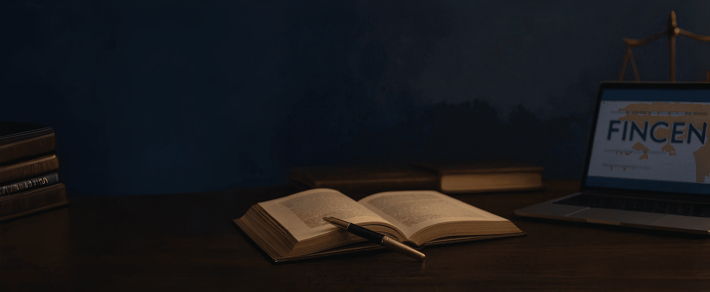 Open law book, pen, and laptop displaying the word FINCEN, symbolizing legal compliance and FinCEN ID registration