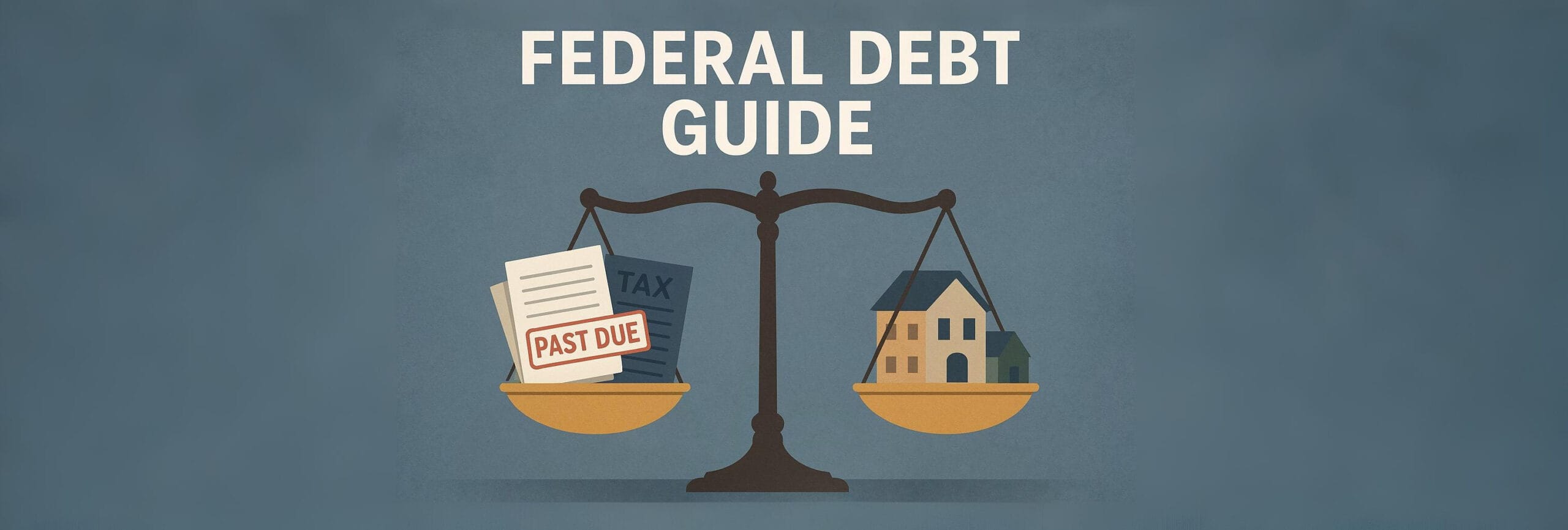 Illustration of a balanced scale showing overdue tax documents marked “Past Due” on one side and a small business building on the other, symbolizing the burden of federal debt on small businesses