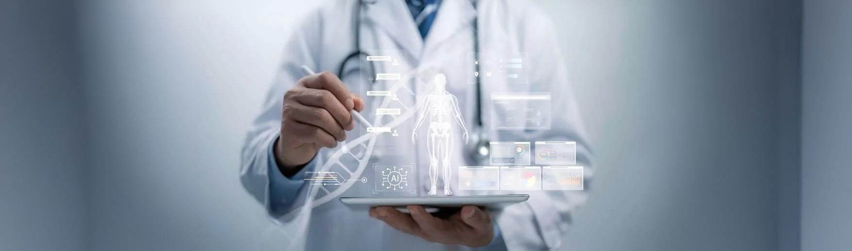 A doctor in a lab coat holding a tablet with a holographic human skeleton, a DNA helix, and data charts, symbolizing AI in life sciences and healthcare