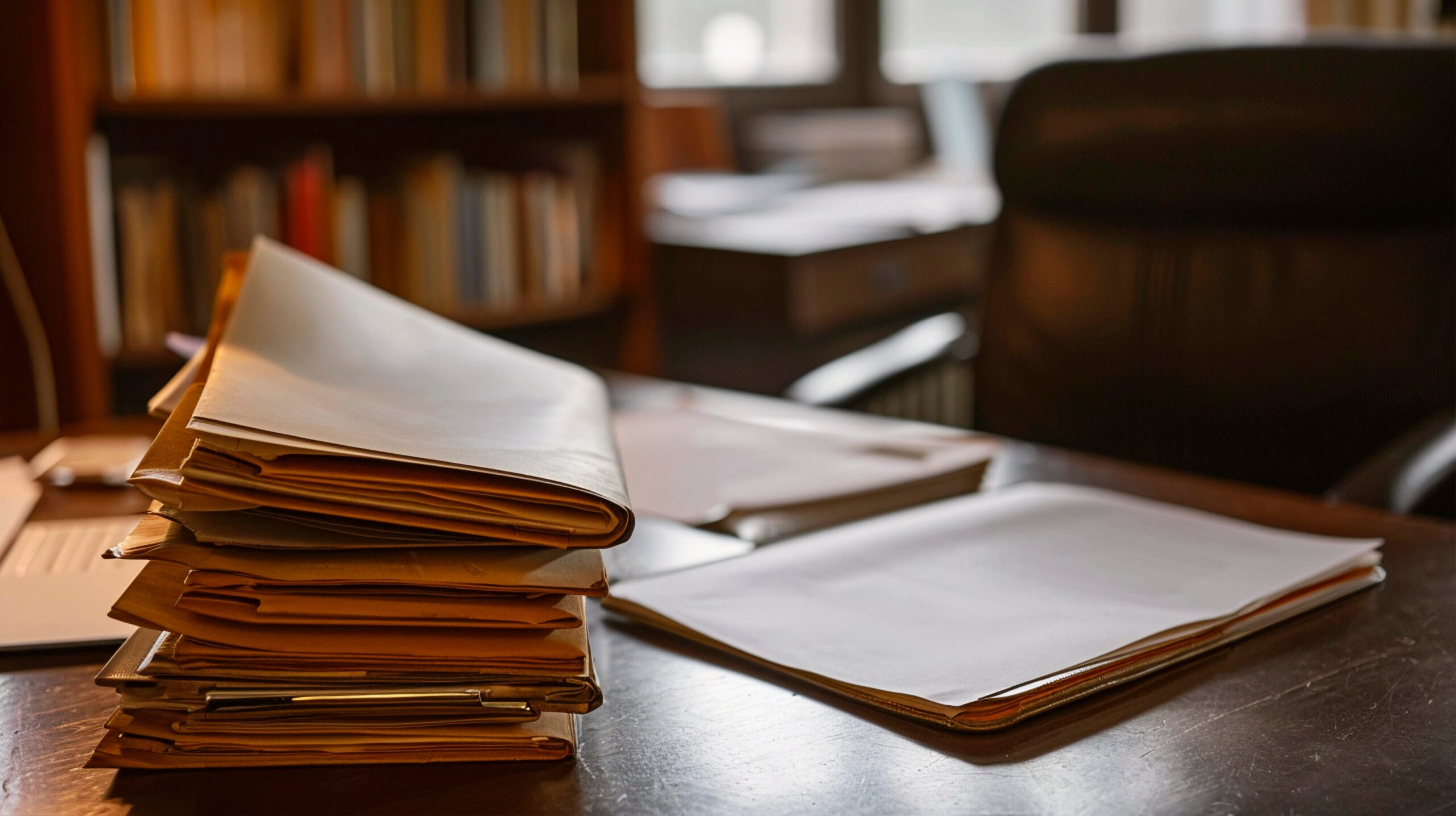 Legal advisor's desk with organized files representing due diligence and strategic risk management for startup funding and growth
