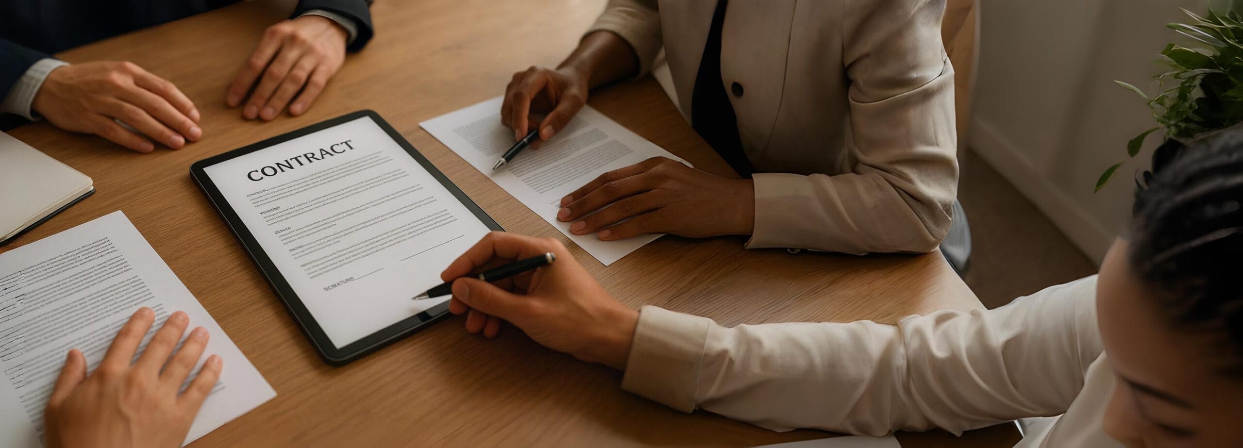 Startup founders reviewing and signing a business contract — illustrating key legal risks in contracts.