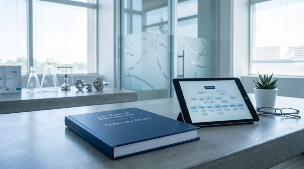 Certificate of Incorporation and corporate bylaws document on a modern desk in a life sciences startup office.