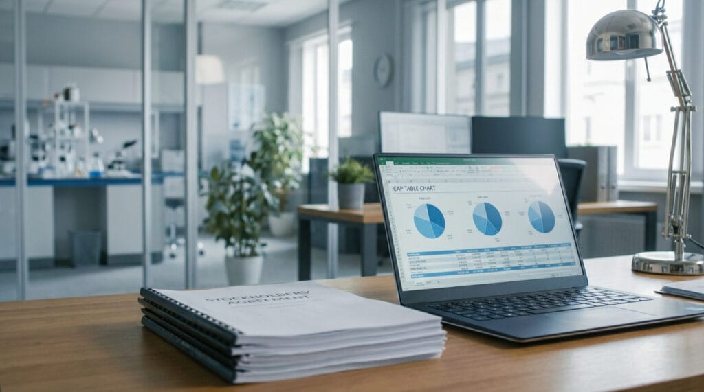 Stockholders’ agreement and digital cap table displayed in a contemporary tech startup workspace.