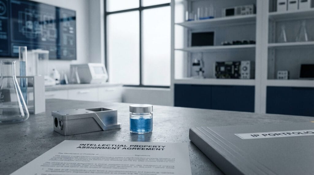 Intellectual property assignment agreement next to prototype device in a life sciences workspace.