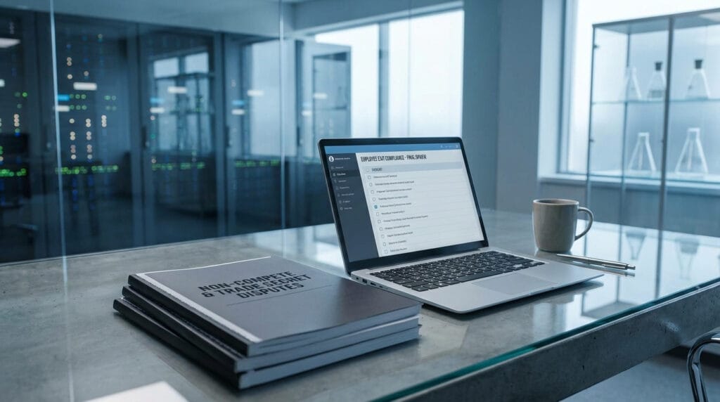 Legal documents on non-compete and trade secret disputes beside a laptop with compliance checklists, symbolizing protection of competitive advantage for innovative companies.