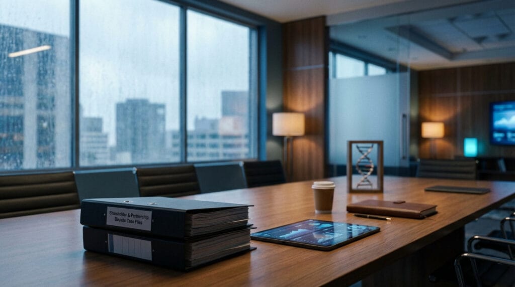 Shareholder and partnership dispute case files with equity distribution charts in a contemporary boardroom, illustrating strategic legal management and resolution for tech and life sciences ventures.