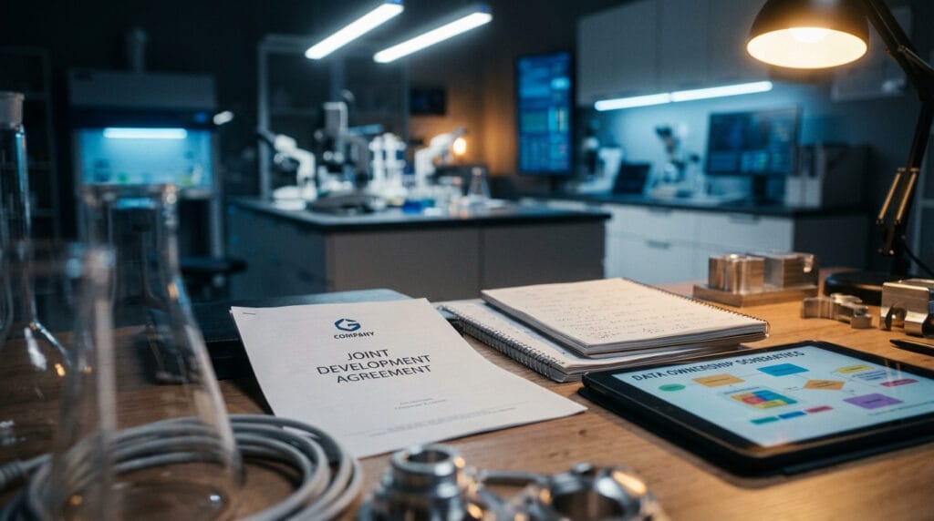 Joint Development Agreement on a lab desk with research notes and tablet displaying data ownership for biotech and technology collaboration