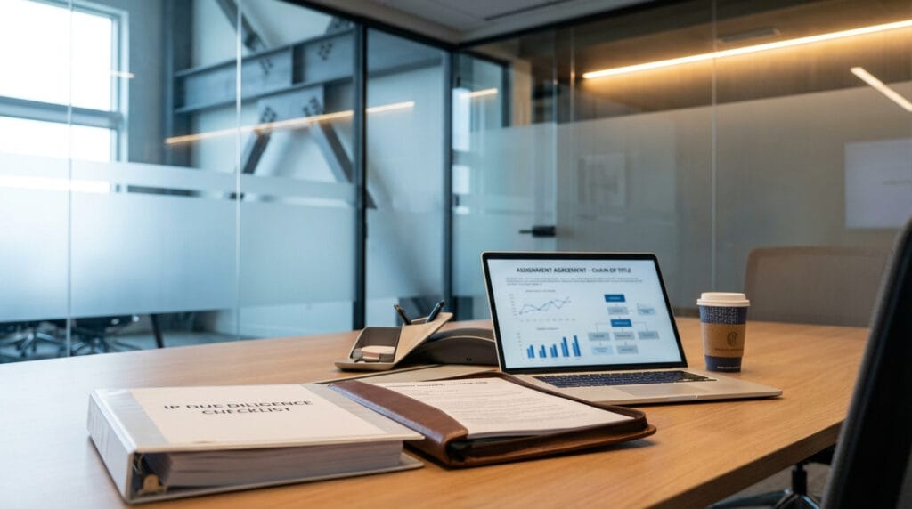 IP due diligence portfolio and investment agreement on a startup desk with charts and documents for venture funding and capital raise preparation