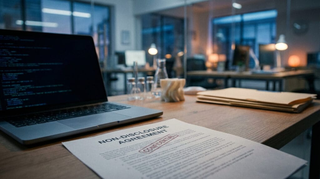 High-security NDA document on a startup desk with closed laptop showing encrypted data, protecting trade secrets in life sciences and tech projects