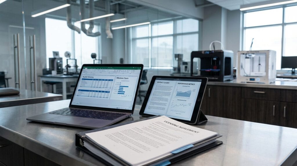Licensing agreement document on a modern startup desk beside laptop showing royalty tiers and milestone charts in a tech and biotech workspace