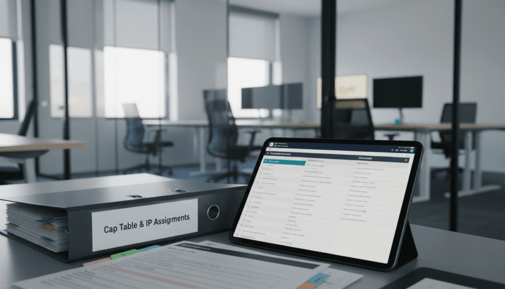 Due diligence binder labeled cap table and IP assignments beside tablet showing virtual data room index and change-of-control checklist in modern corporate office.