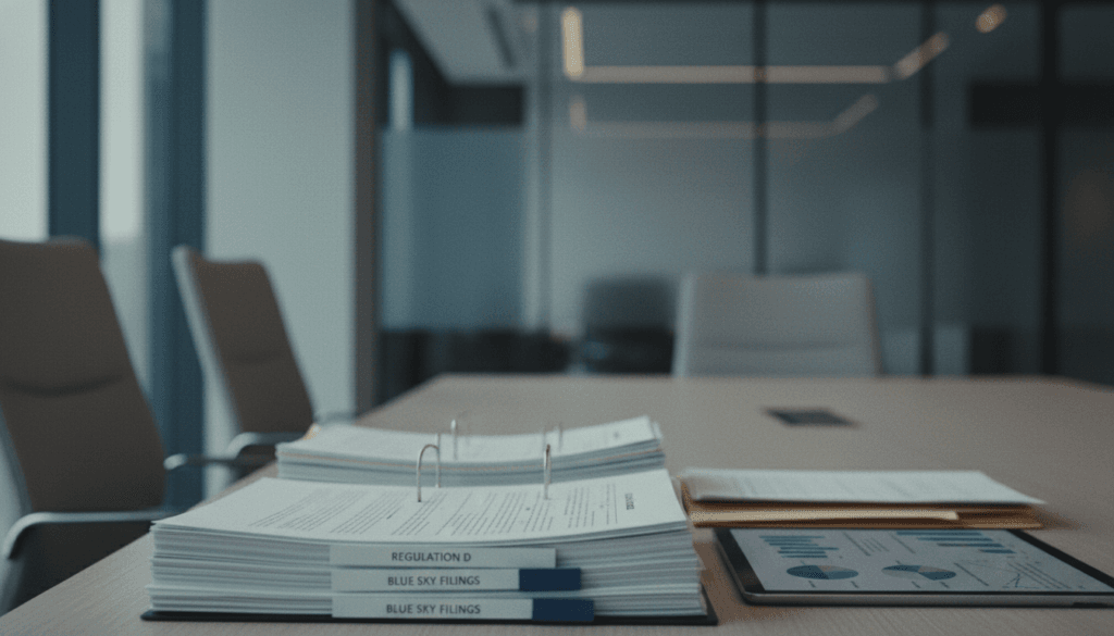 Securities law compliance documents referencing Regulation D and Blue Sky filings next to tablet displaying beneficial ownership reporting and CFIUS review timeline.