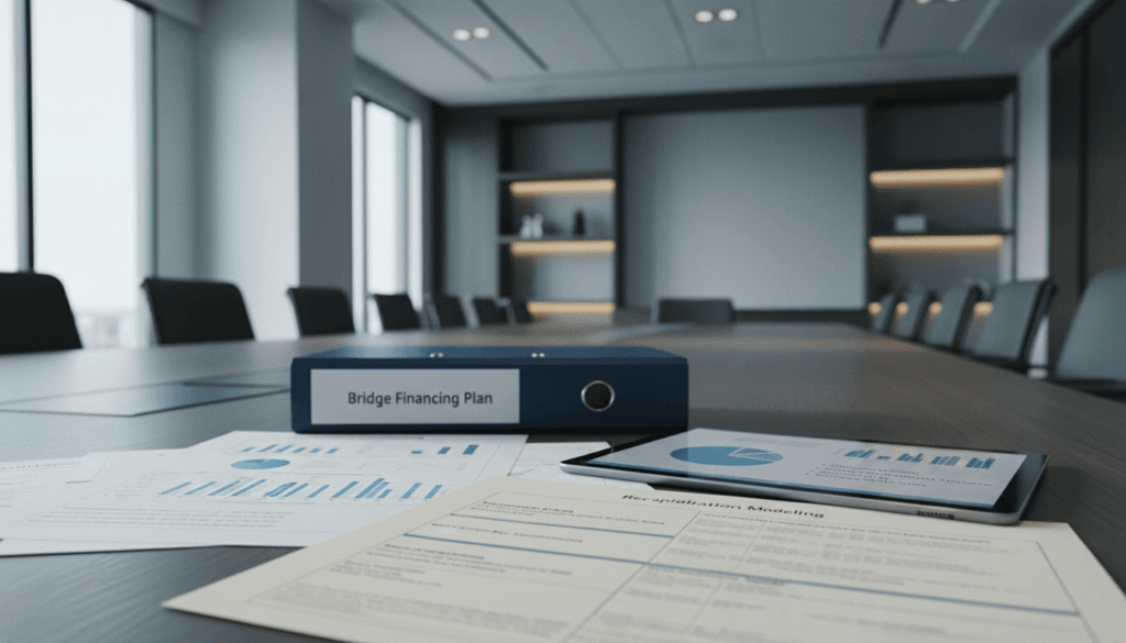 Recapitalization model with liquidation preference stack and dilution impact analysis on tablet during startup down-round planning session.